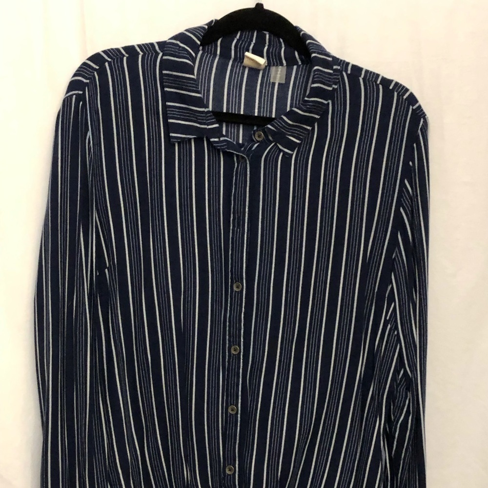 ROXY Navy Blue & White Striped Long Sleeve Button Down Top Size 12 NWOT